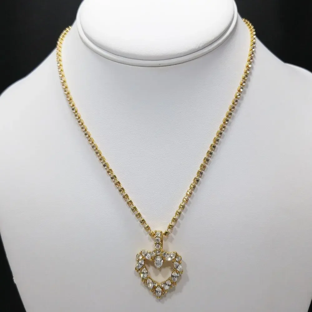 Vintage Monet Rhinestone Heart Necklace Gold Tone Marquise 1970s